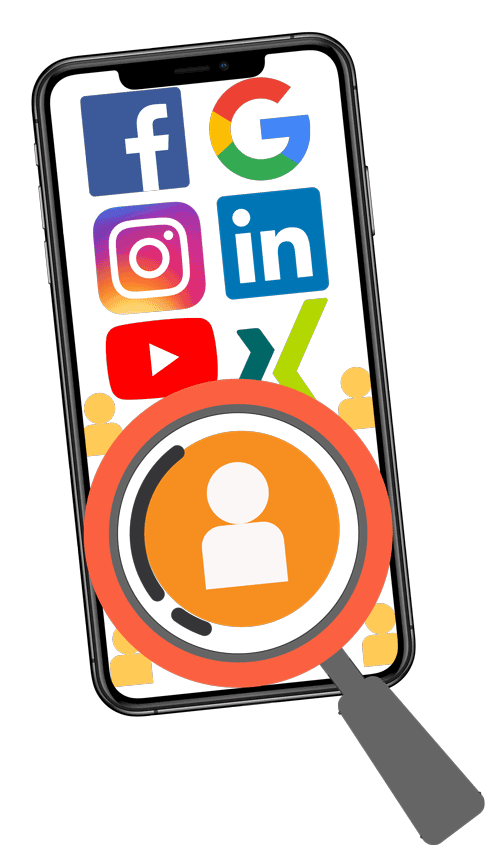 Ein Smartphone auf dem mehere Social Media Icons platziert sind. Mit einer Lupe wird auf ein Kontaktprofil gezoomt.