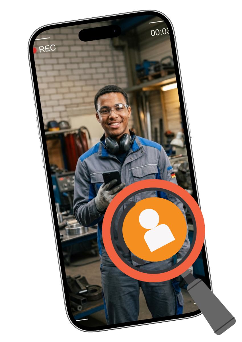 Ein Smartphone auf dem mehere Social Media Icons platziert sind. Mit einer Lupe wird auf ein Kontaktprofil gezoomt.