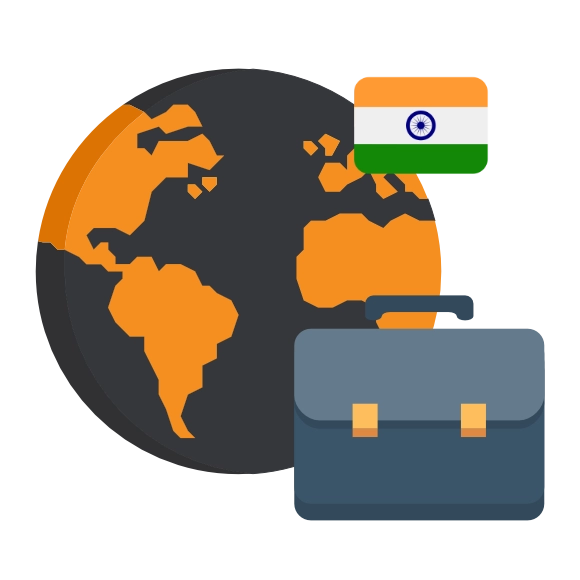 Eine Weltkugel mit einem Arbeitskoffer und der indischen Flagge