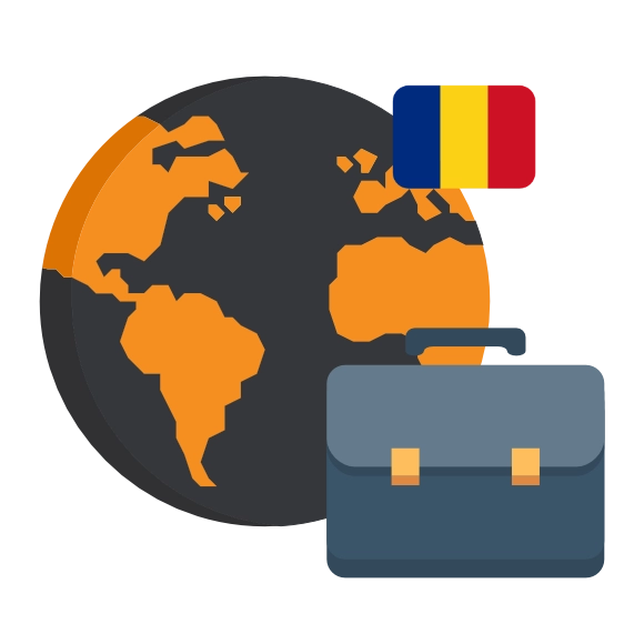 Eine Weltkugel mit einer Arbeitstasche und einer rumaenischen Flagge