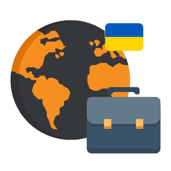 Eine Weltkugel mit einem Arbeitskoffer und der ukrainischen Flagge