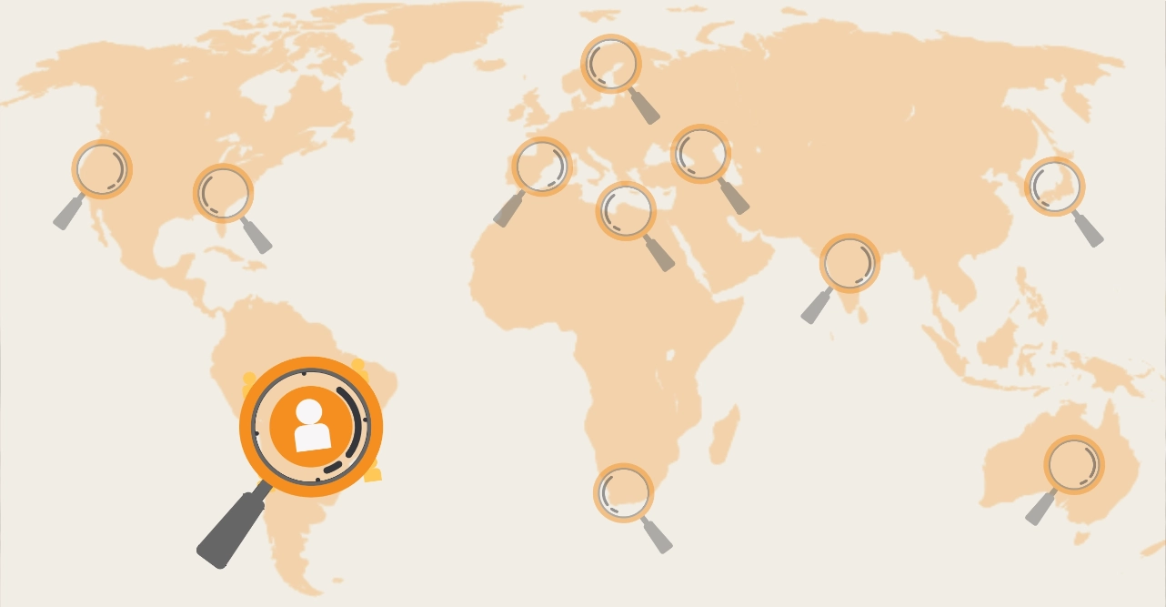 Auslandsrecruiting Weltkarte mit Lupen-Symbolen zur Darstellung globaler Suche.