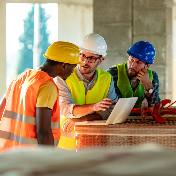 Drei Bauarbeiter mit Helmen und Warnwesten diskutieren an einem Laptop auf einer Baustelle.