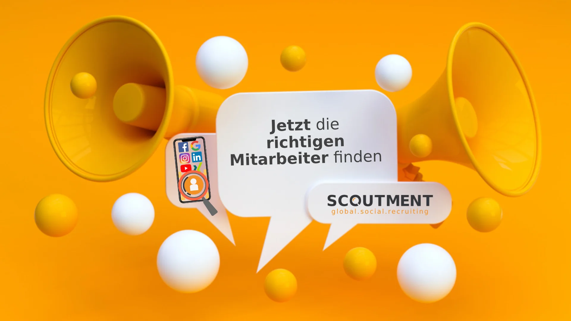 Mehrere Sprechblasen zum Thema Mitarbeiter finden, die verschiedene Icons und den Firmennamen beinhalten